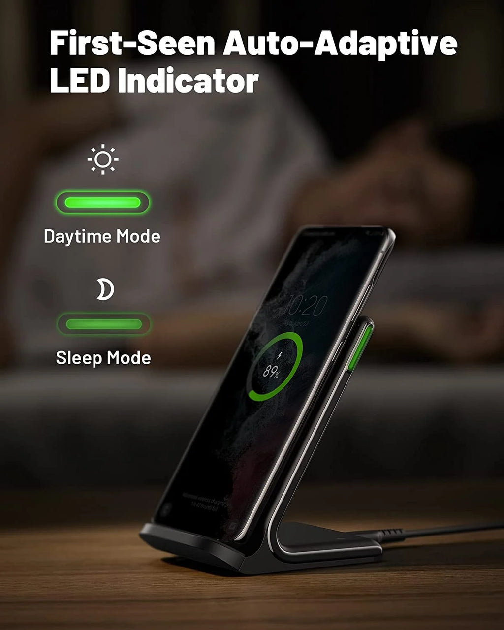 Wireless Charger, 15W Fast Charging Station with Adaptive Light for Iphone and Samsung, Black