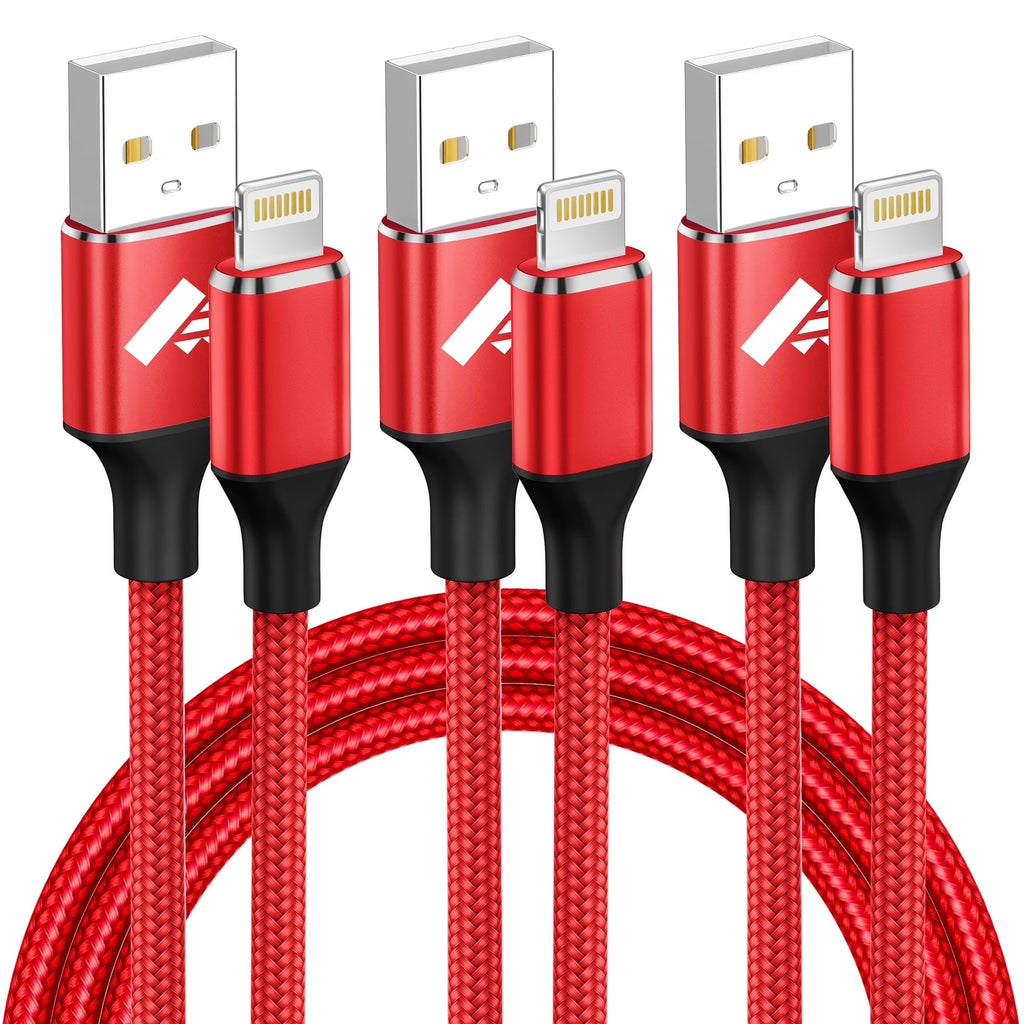 3 Pack 6FT Cables Compatible with Iphone 14/13/12/11/10, Nylon Braided Charging 3A Fast Charger Cord, Red