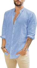 Mens Summer Casual Long Sleeve Cotton Linen Shirts Button up Solid Plain Roll-Up Sleeve Beach Shirts