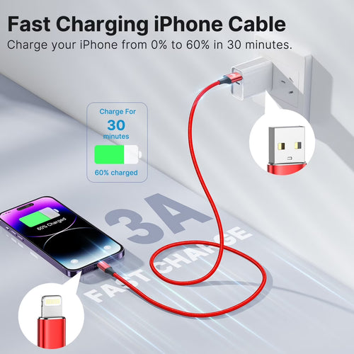 3 Pack 6FT Cables Compatible with Iphone 14/13/12/11/10, Nylon Braided Charging 3A Fast Charger Cord, Red